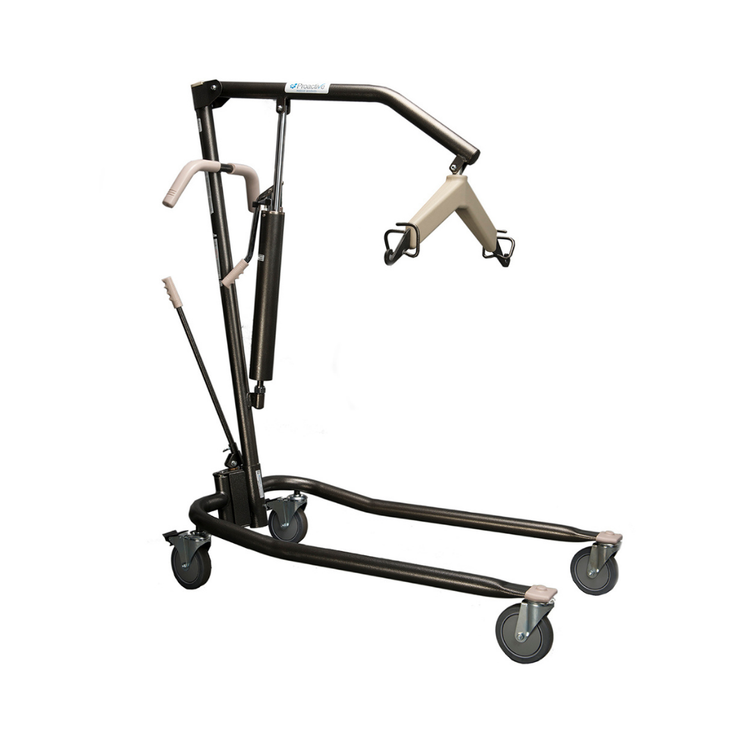 The Proactive Protekt® Onyx Hydraulic Patient Lift is a black and silver device with four wheels, sling attachment arm, and 450 lb capacity, designed for safe home-care transfer of individuals with limited mobility.